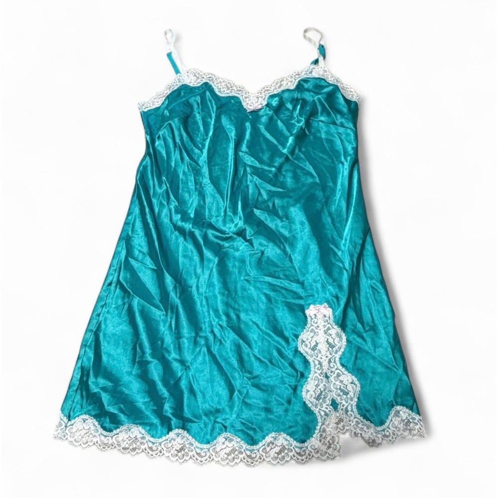 Victoria's Secret Satin Slip Nightgown Small Teal White Lace Bow Lingerie Y2K